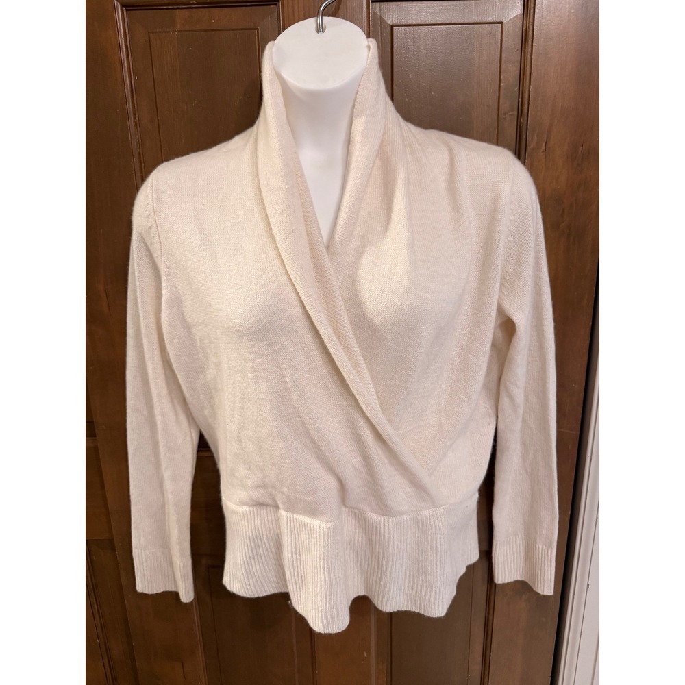 Ann Taylor 100% Cashmere Shawl Collar Faux Wrap Sweater Cream Ivory Large